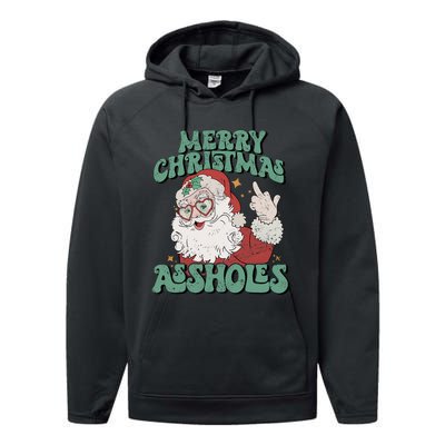 Retro Cute Merry Christmas Assholes Funny Santa Xmas Pajamas Performance Fleece Hoodie