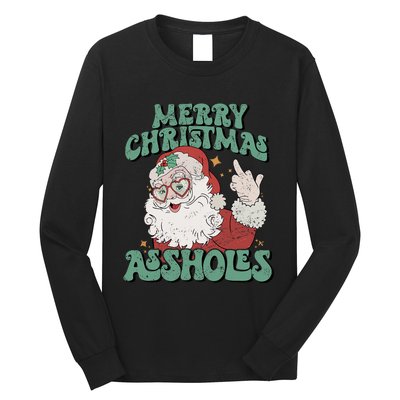 Retro Cute Merry Christmas Assholes Funny Santa Xmas Pajamas Long Sleeve Shirt