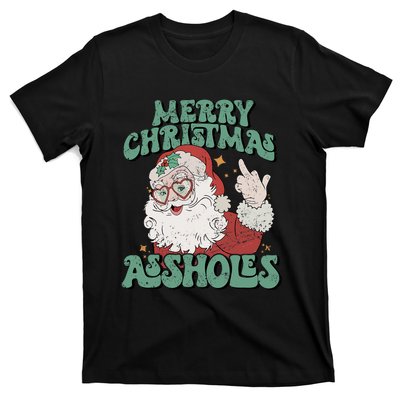 Retro Cute Merry Christmas Assholes Funny Santa Xmas Pajamas T-Shirt