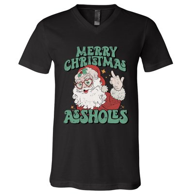 Retro Cute Merry Christmas Assholes Funny Santa Xmas Pajamas V-Neck T-Shirt