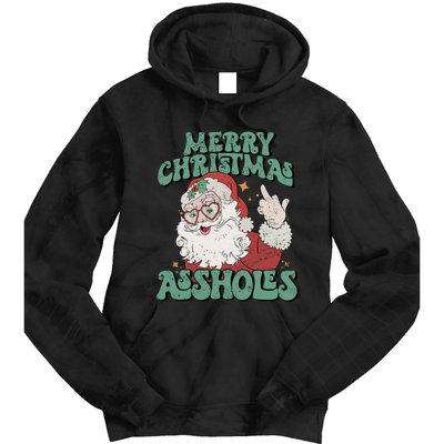 Retro Cute Merry Christmas Assholes Funny Santa Xmas Pajamas Tie Dye Hoodie