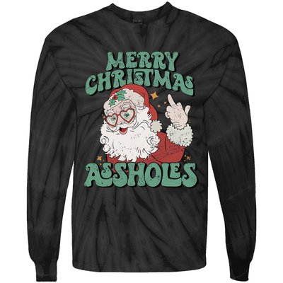 Retro Cute Merry Christmas Assholes Funny Santa Xmas Pajamas Tie-Dye Long Sleeve Shirt