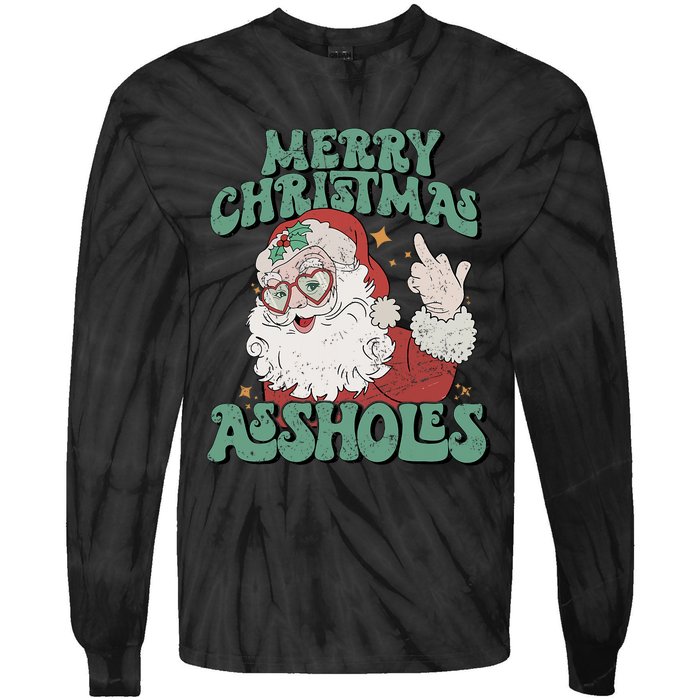 Retro Cute Merry Christmas Assholes Funny Santa Xmas Pajamas Tie-Dye Long Sleeve Shirt