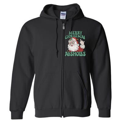 Retro Cute Merry Christmas Assholes Funny Santa Xmas Pajamas Full Zip Hoodie