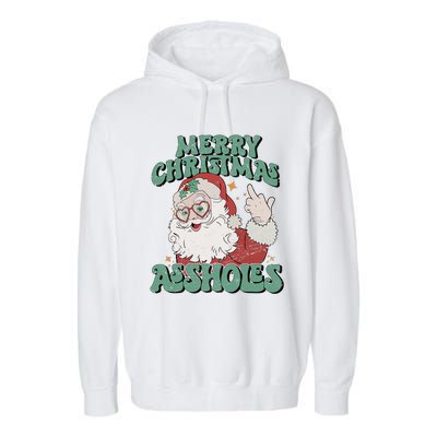 Retro Cute Merry Christmas Assholes Funny Santa Xmas Pajamas Garment-Dyed Fleece Hoodie