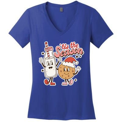 Retro Christmas Milk And Cookies For Santa Vintage Holiday Funny Gift Women's V-Neck T-Shirt