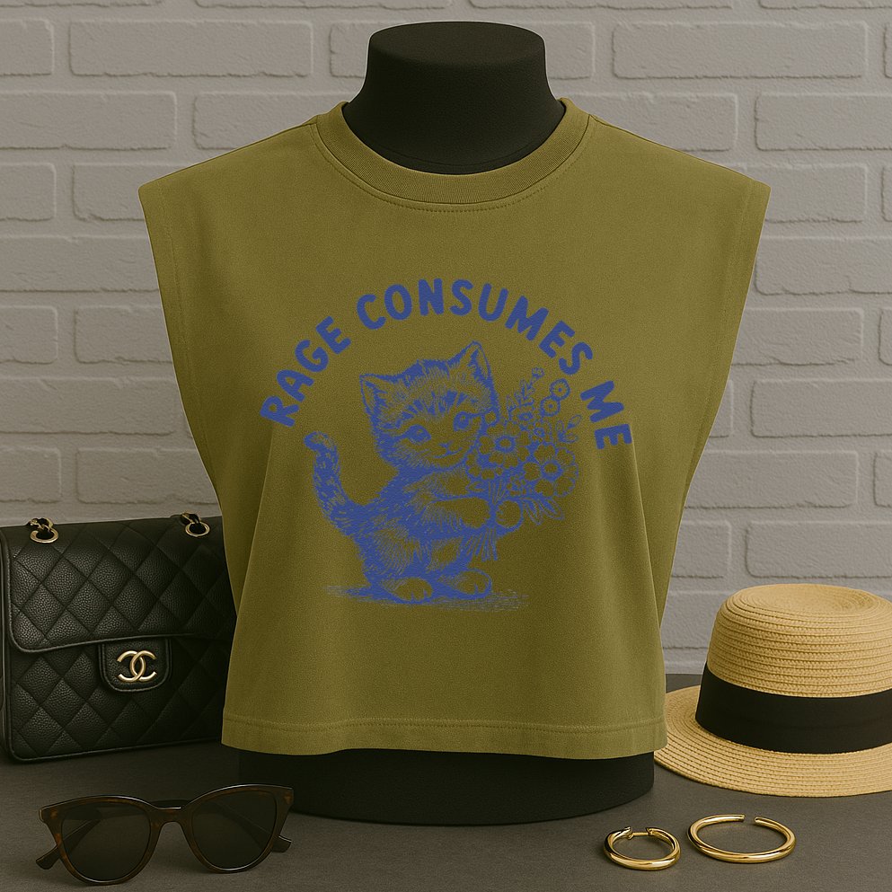 Rage Consumes Me Cat Flower Cute Kitty Cat Meme Garment-Dyed Women's Muscle Tee