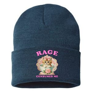 Rage Consumes Me Funny Kitten Cat Mental Health Meme Retro Sustainable Knit Beanie