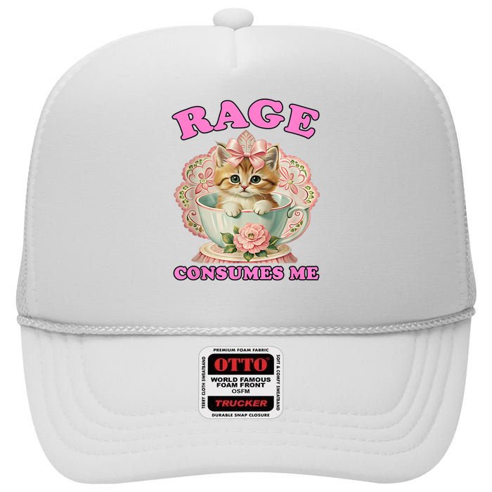 Rage Consumes Me Funny Kitten Cat Mental Health Meme Retro High Crown Mesh Back Trucker Hat