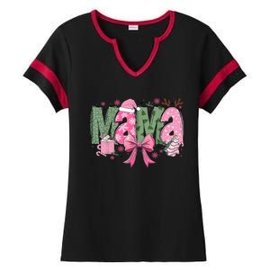 Retro Christmas Mama Coquette Bows Mom Mother Xmas Pajamas Gift Ladies Halftime Notch Neck Tee