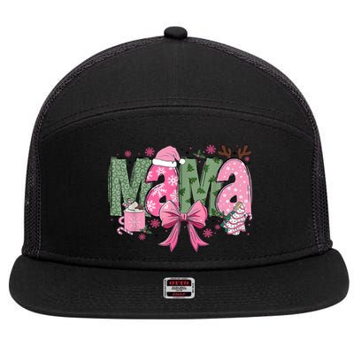 Retro Christmas Mama Coquette Bows Mom Mother Xmas Pajamas Gift 7 Panel Mesh Trucker Snapback Hat