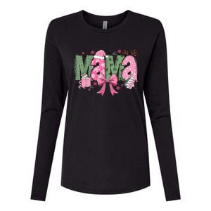 Retro Christmas Mama Coquette Bows Mom Mother Xmas Pajamas Gift Womens Cotton Relaxed Long Sleeve T-Shirt