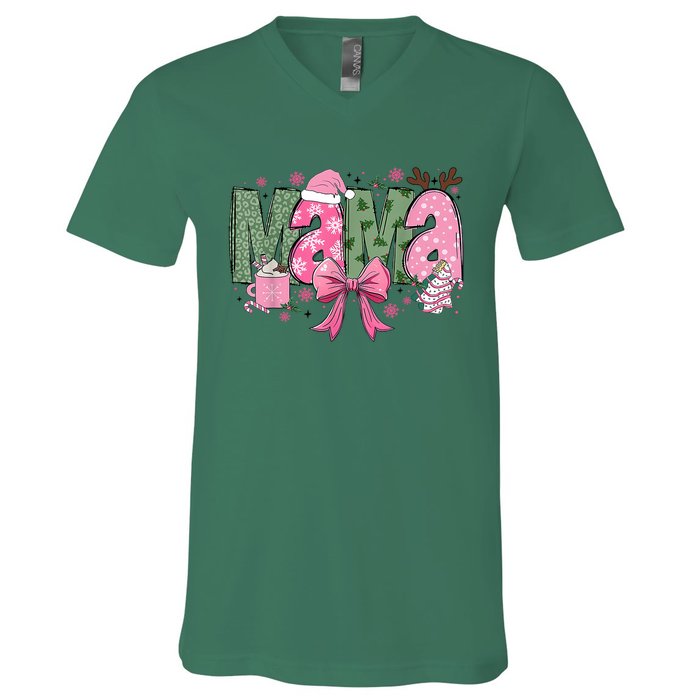 Retro Christmas Mama Coquette Bows Mom Mother Xmas Pajamas Gift V-Neck T-Shirt