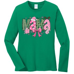 Retro Christmas Mama Coquette Bows Mom Mother Xmas Pajamas Gift Ladies Long Sleeve Shirt