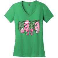 Retro Christmas Mama Coquette Bows Mom Mother Xmas Pajamas Gift Women's V-Neck T-Shirt