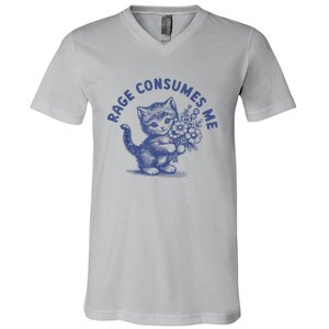 Rage Consumes Me Cat Flower Cute Kitty Cat Meme V-Neck T-Shirt