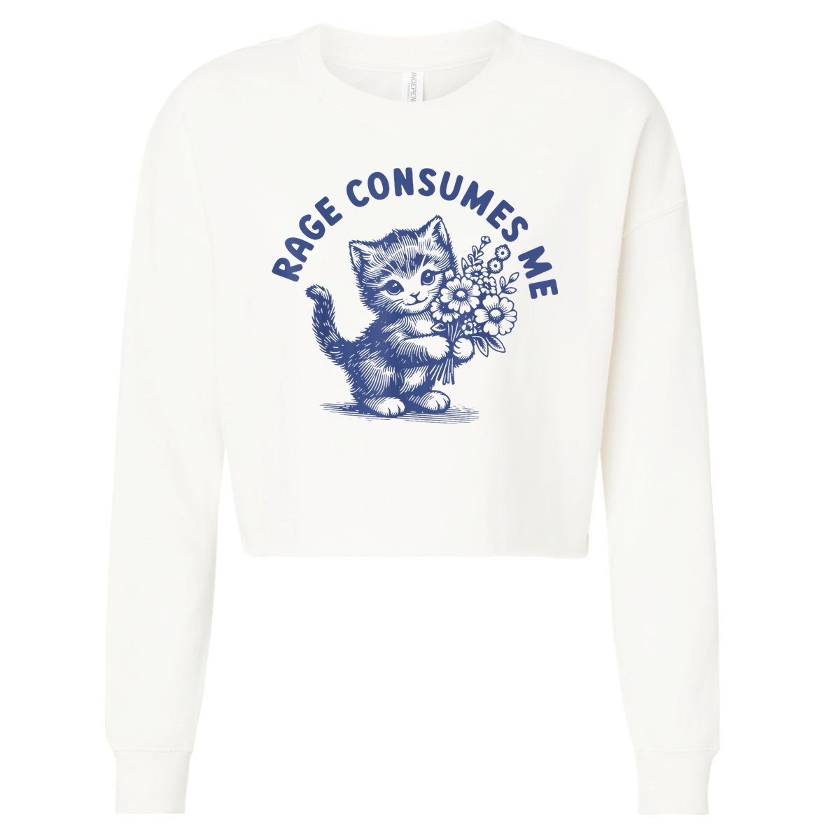 Rage Consumes Me Cat Flower Cute Kitty Cat Meme Cropped Pullover Crew