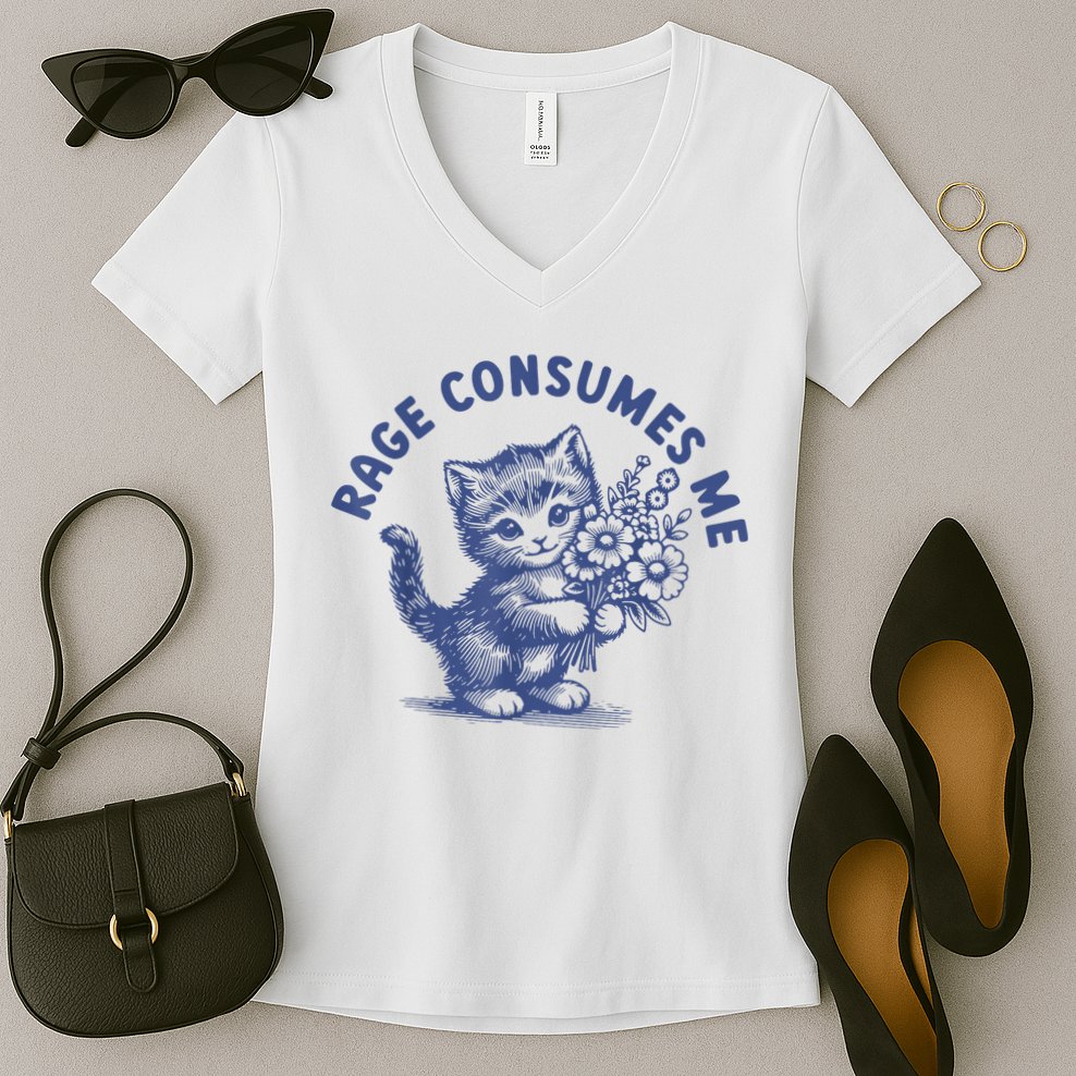 Rage Consumes Me Cat Flower Cute Kitty Cat Meme Women's V-Neck T-Shirt