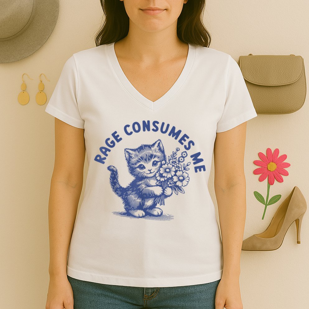 Rage Consumes Me Cat Flower Cute Kitty Cat Meme Women's V-Neck T-Shirt