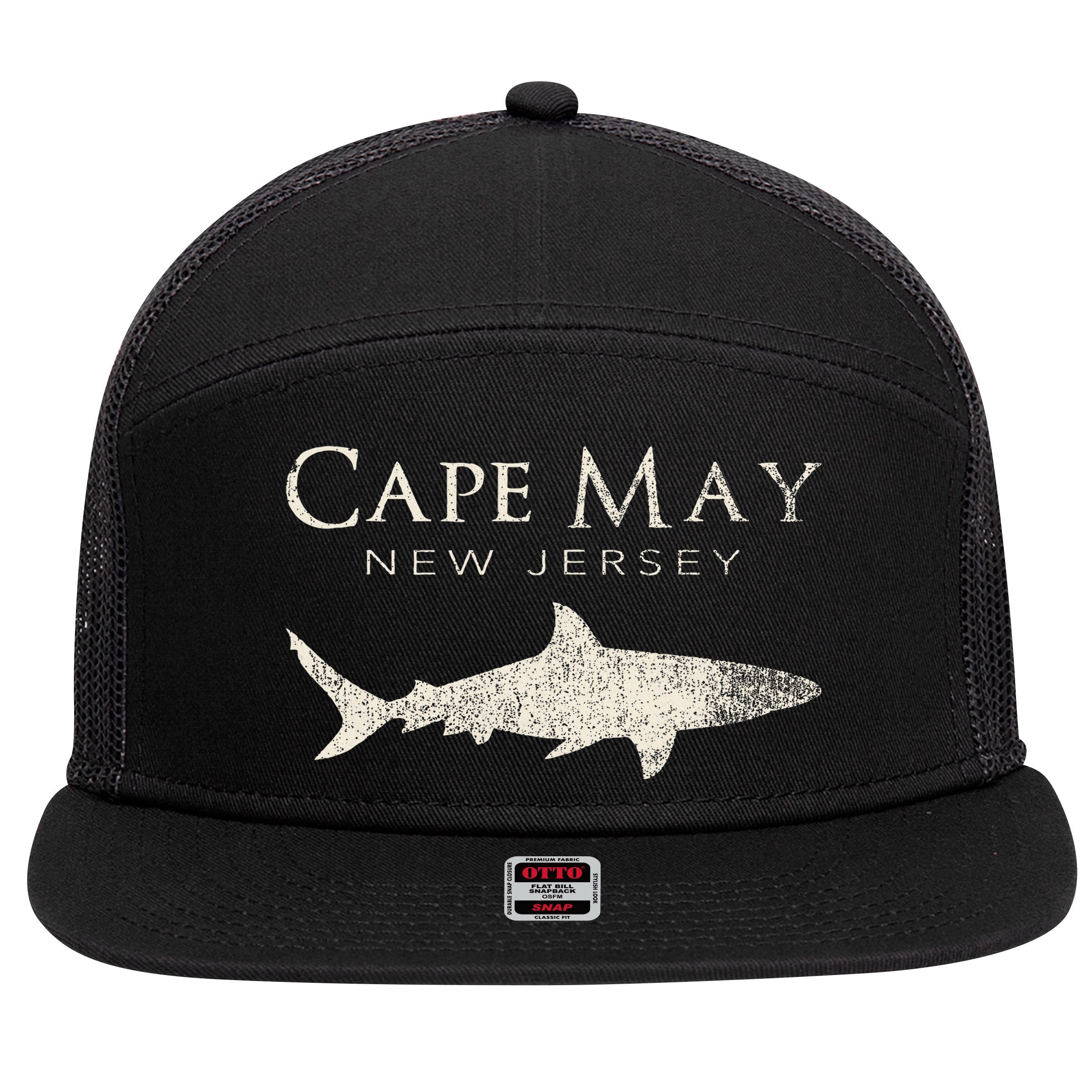Retro Cape May Nj Shark 7 Panel Mesh Trucker Snapback Hat