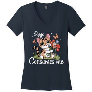 Rage Consumes Me Cat Flower Cute Kitty Cat Meme Women's V-Neck T-Shirt