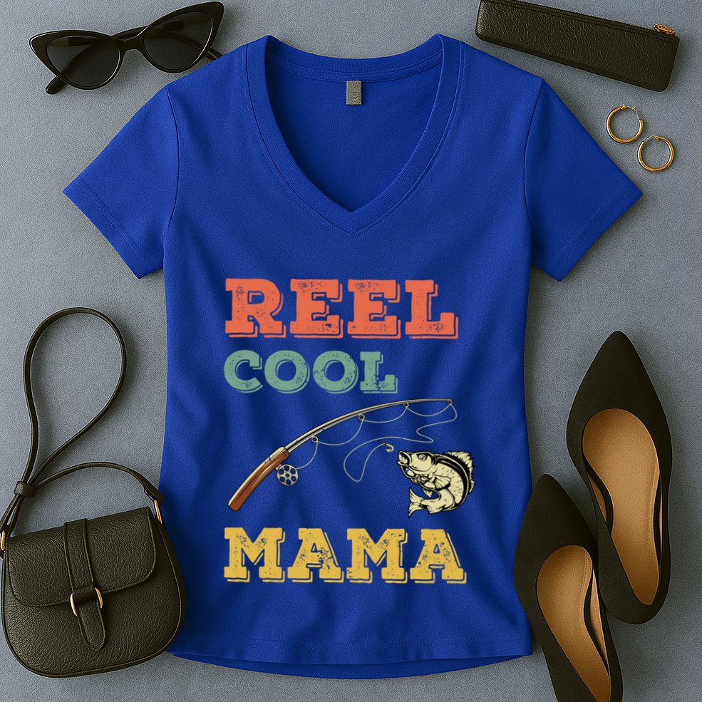 Reel Cool Mama Fisher Walleye Fishing Gift Fish Mom Cute Gift Women's V-Neck T-Shirt