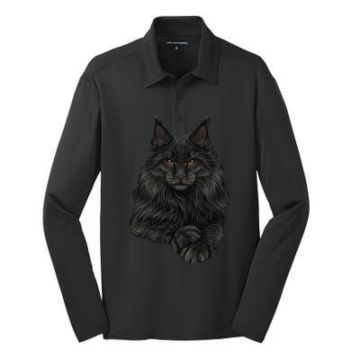 Realistic Cute Maine Coon Cat Sitting For Lovers Animals Silk Touch Performance Long Sleeve Polo