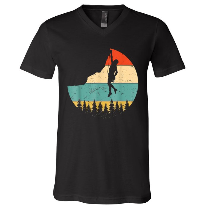 Rock Climbing Mountain Climber Vintage Retro V-Neck T-Shirt