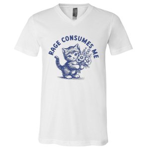 Rage Consumes Me Cat Flower Cute Kitty Cat Meme V-Neck T-Shirt