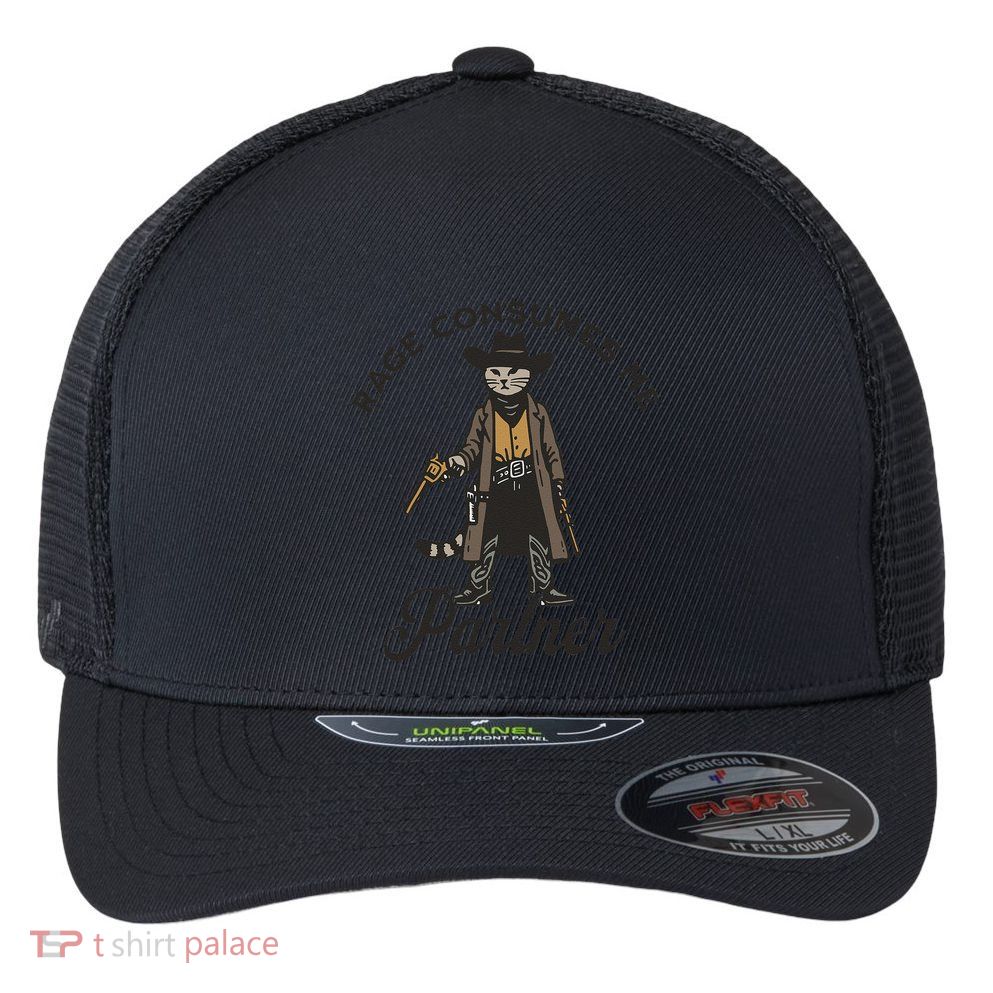 Rage Consumes Me Partner Funny Western Cowboy Cat Flexfit Unipanel Trucker Cap