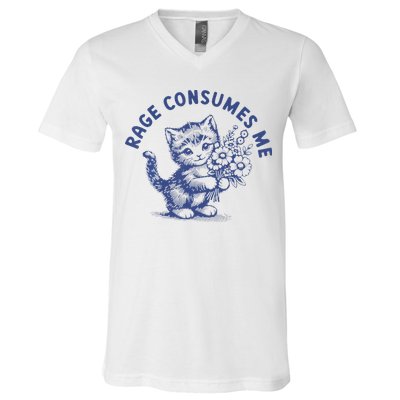 Rage Consumes Me Cat Flower Cute Kitty Cat Meme V-Neck T-Shirt