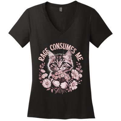 Rage Consumes Me Cottage Core Cat Meme Aesthetic Women's V-Neck T-Shirt