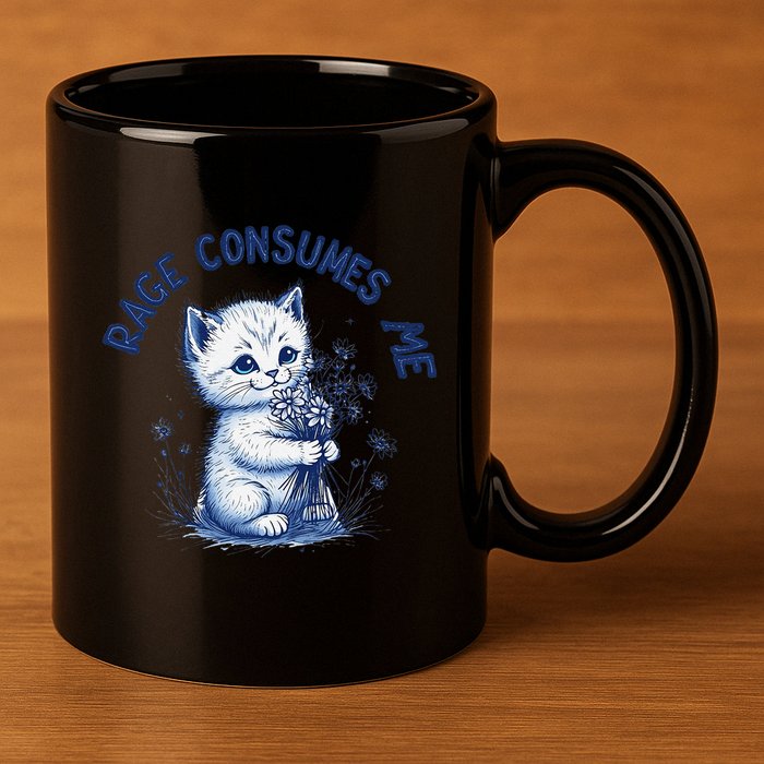 Rage Consumes Me Cat Flower Cute Kitty Cat Meme Design Funny 11oz C Handle Ceramic Mug