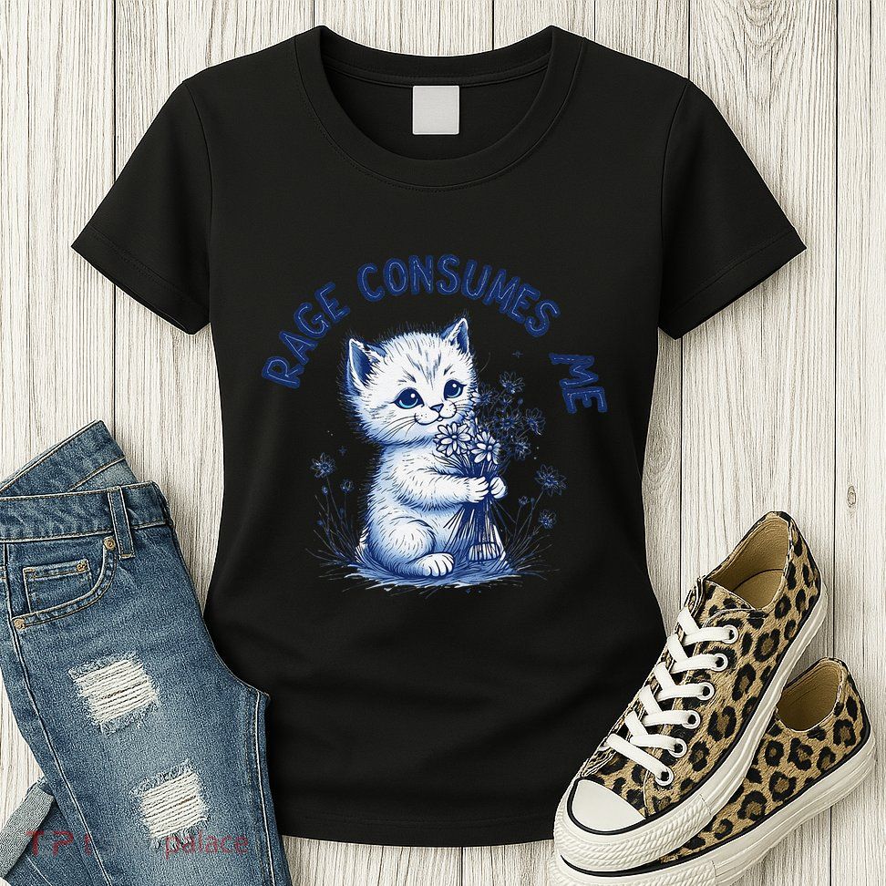 Rage Consumes Me Cat Flower Cute Kitty Cat Meme Design Funny Womens T-Shirt