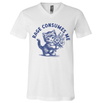 Rage Consumes Me Cat Flower Cute Kitty Cat Meme V-Neck T-Shirt