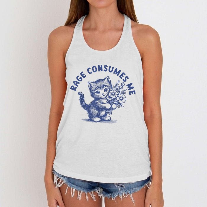 Rage Consumes Me Cat Flower Cute Kitty Cat Meme Women's Knotted Racerback Tank