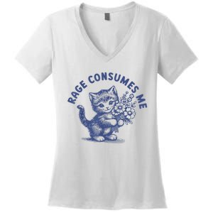 Rage Consumes Me Cat Flower Cute Kitty Cat Meme Women's V-Neck T-Shirt