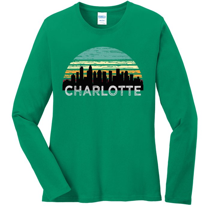 Retro Charlotte North Carolina Print Skyline Ladies Long Sleeve Shirt