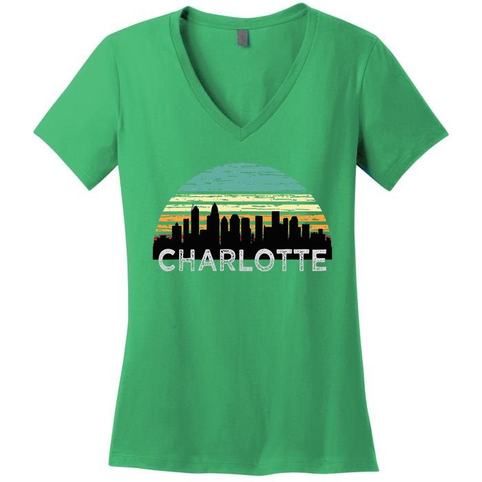 Retro Charlotte North Carolina Print Skyline Women's V-Neck T-Shirt