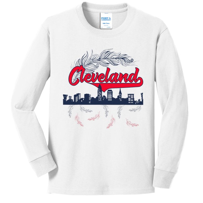 Retro Cleveland Native American Tribe Feathers Gift Kids Long Sleeve Shirt