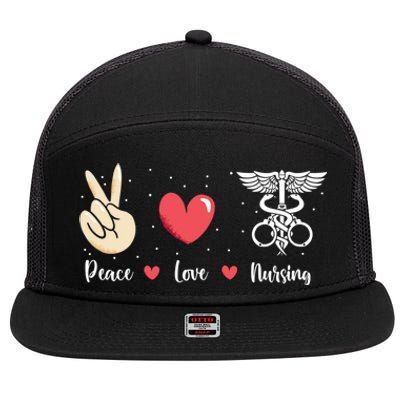 Rn Correctional Nurse Peace Love Prison Nursing Inmate Nurse Cool Gift 7 Panel Mesh Trucker Snapback Hat