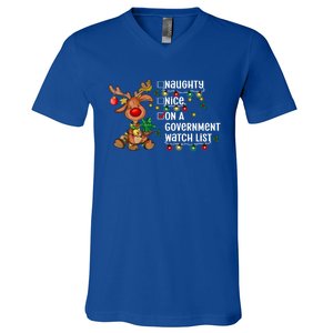 Reindeer Christmas Nice Naughty On A Governt Watch List Great Gift V-Neck T-Shirt