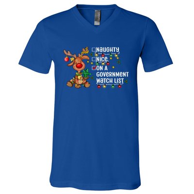 Reindeer Christmas Nice Naughty On A Governt Watch List Great Gift V-Neck T-Shirt