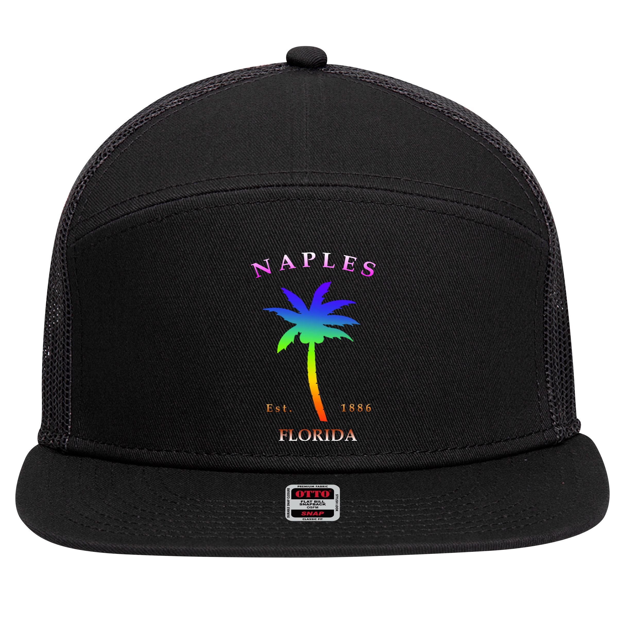 Retro Cool Original Naples Florida Beach Palm Tree Gift 7 Panel Mesh Trucker Snapback Hat
