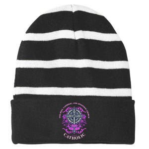 Roman Catholic One Holy Apostolic Cross Gift Striped Beanie with Solid Band