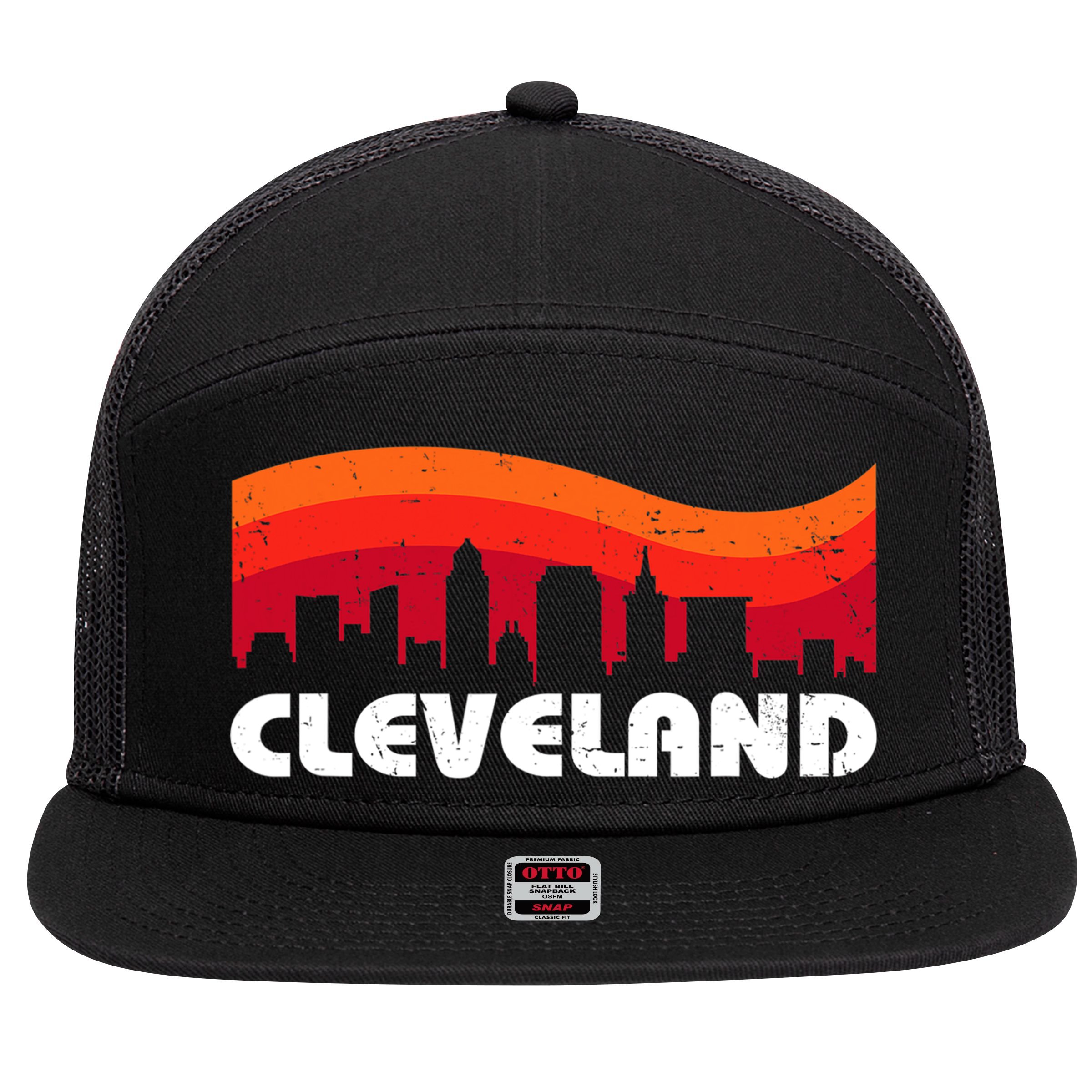 Retro Cleveland Ohio City Skyline vintage CLE souvenir 7 Panel Mesh Trucker Snapback Hat