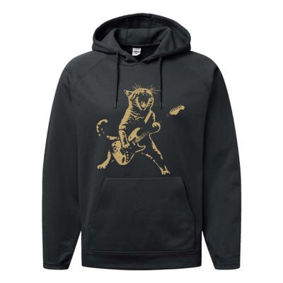 Rock Cat Playing Guitar Funny Guitar Cat Performance Fleece Hoodie