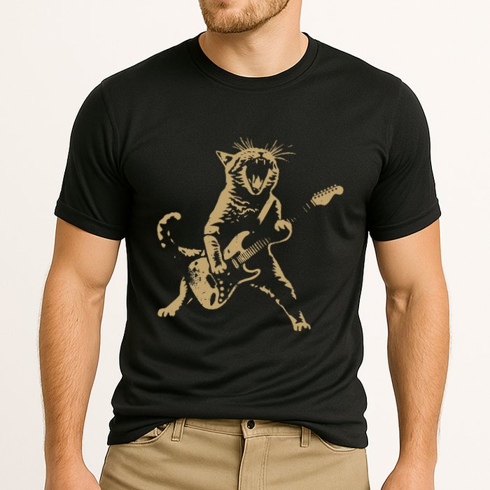 Rock Cat Playing Guitar Funny Guitar Cat Cooling Performance Crew T-Shirt