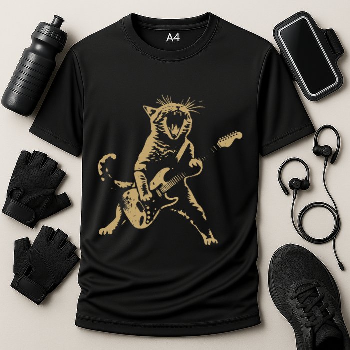 Rock Cat Playing Guitar Funny Guitar Cat Cooling Performance Crew T-Shirt