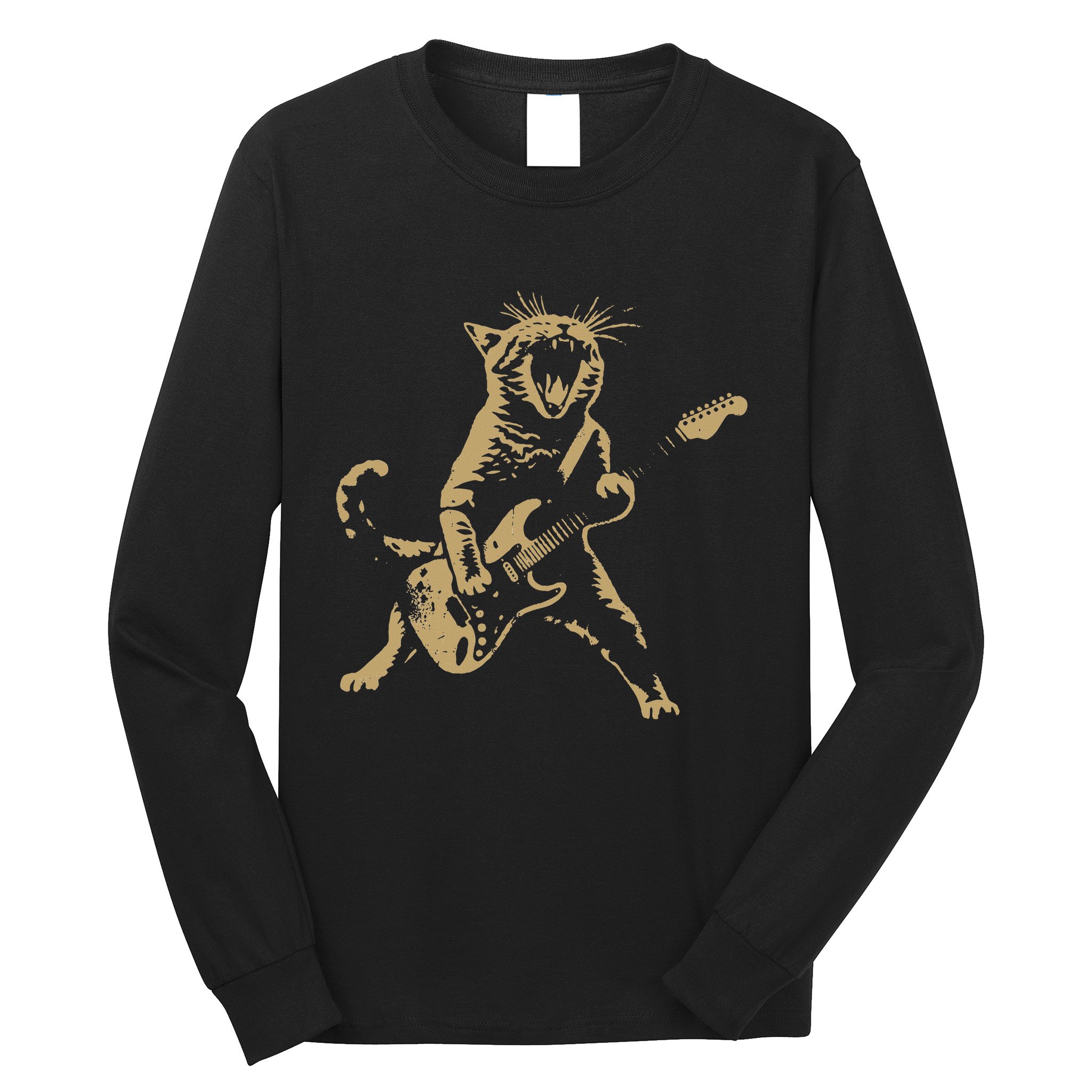 Rock Cat Playing Guitar Funny Guitar Cat Long Sleeve Shirt